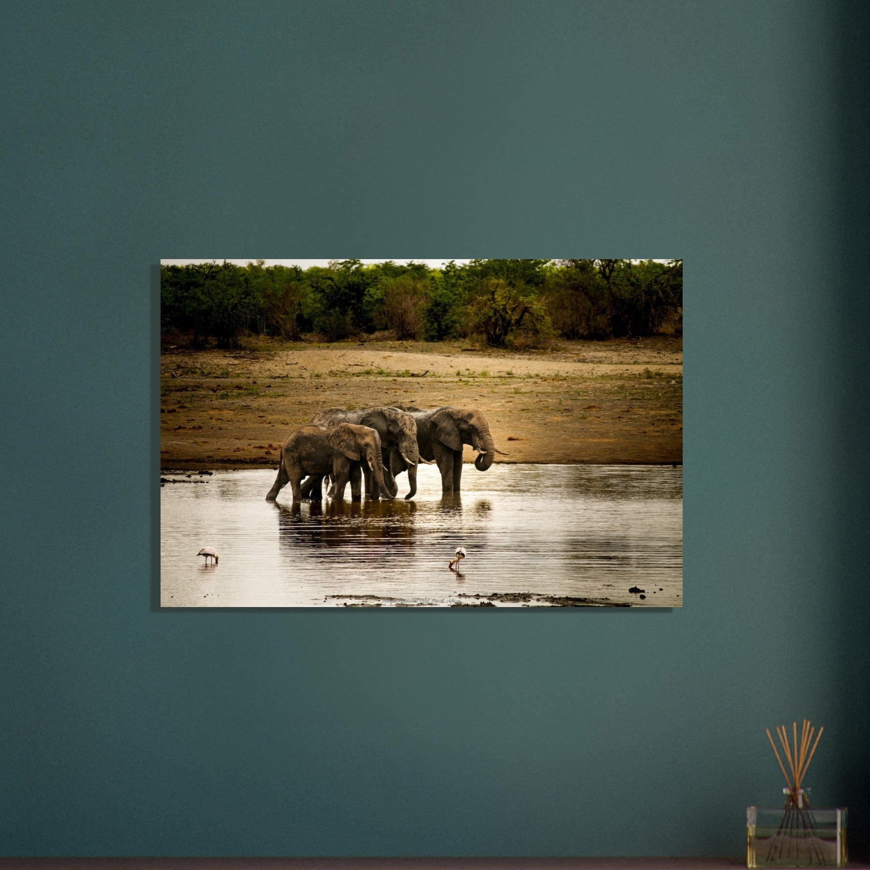 OPTIMIZE_BACKUP_PRODUCT_A wall art piece featuring three elephants in a water scene